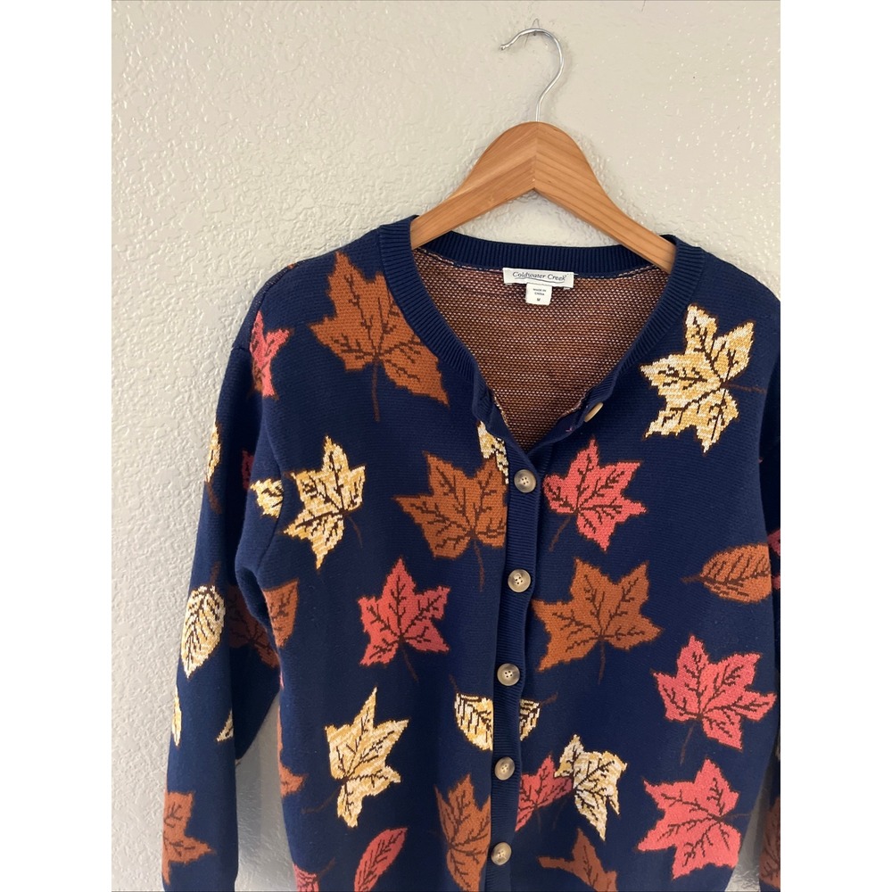 Coldwater Creek Navy Blue Fall Leaf Intarsia Cardigan Sweater Women Medium 518
